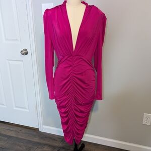 Cameo Deep V Elegant Pink Padded Shoulder Ruched Midi Dress Size Large